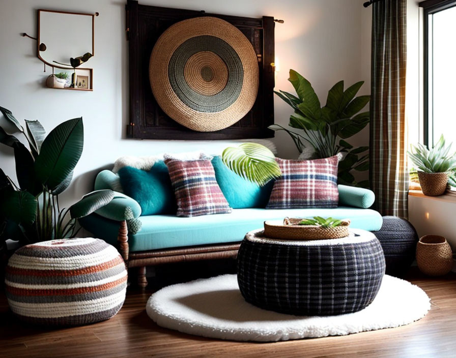 Teal sofa, plaid cushions, wicker wall art, plants, circular rug with ottom