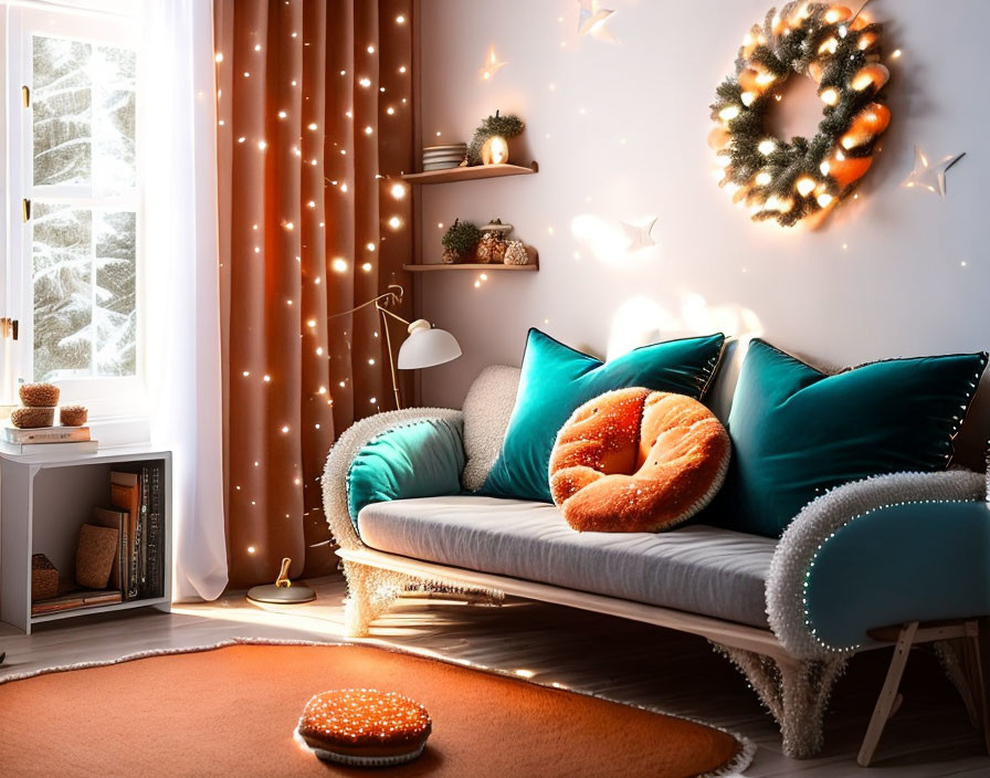 Festive-themed cozy room with teal pillows, wreath, string lights, and snowy window view