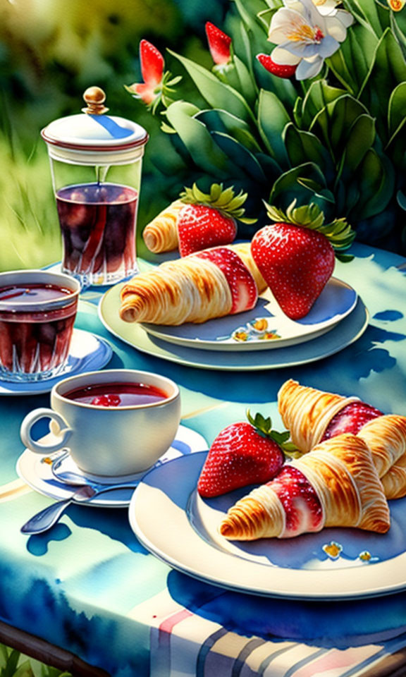 Fresh strawberries, croissants, and tea on floral tablecloth in outdoor breakfast scene