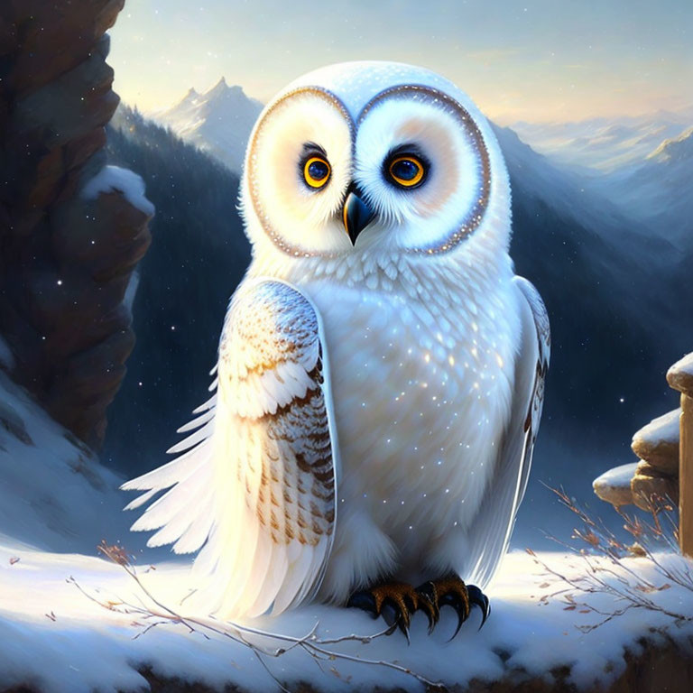 Majestic snowy owl perched in serene snowy mountain landscape