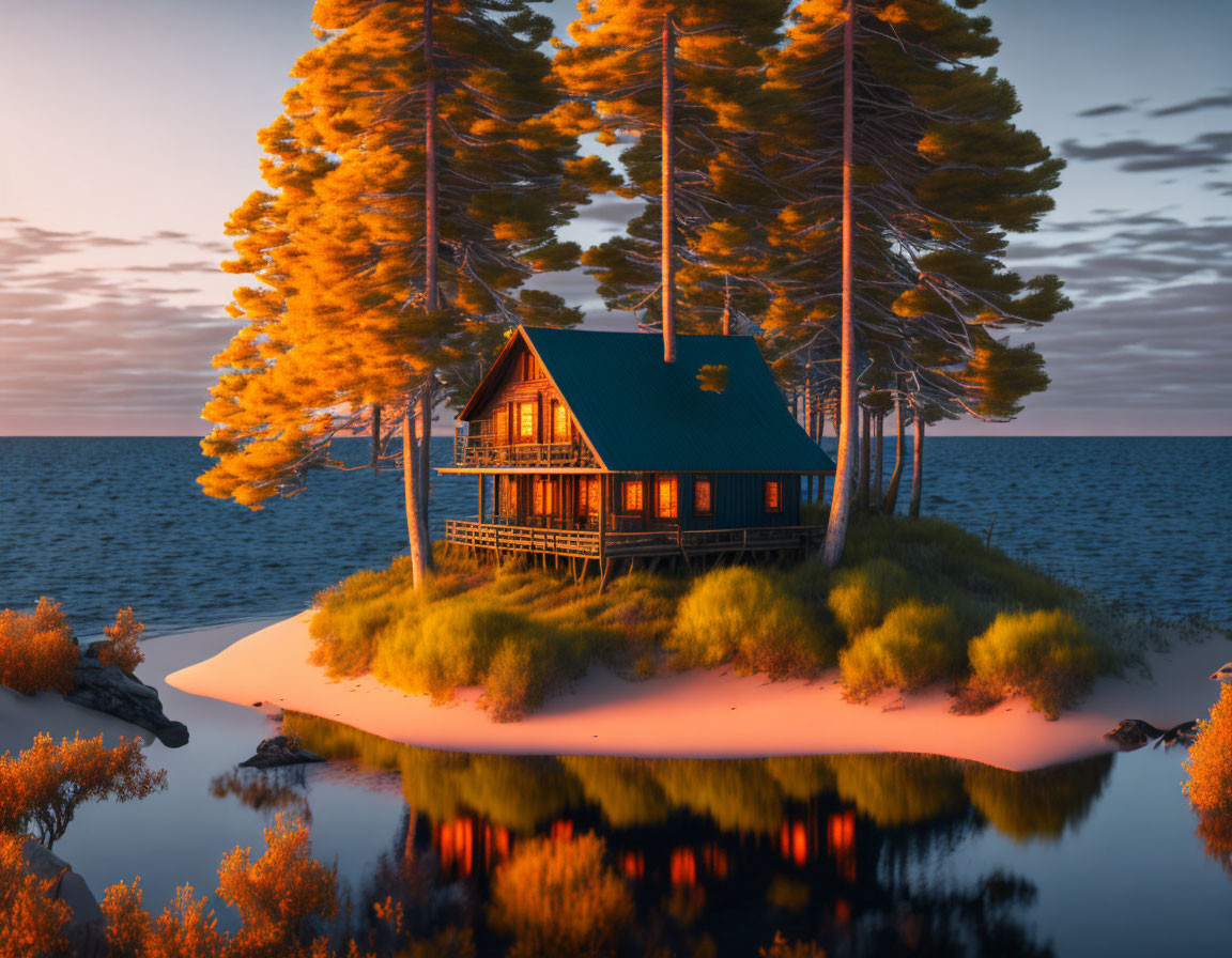 Rustic wooden cabin by serene lake at sunset