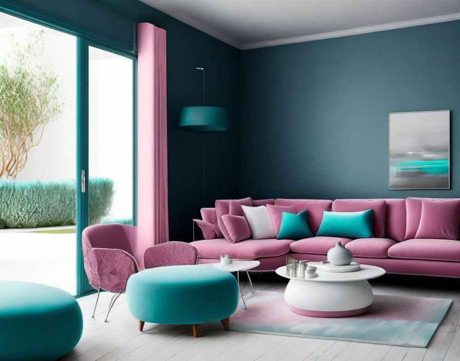 Teal Walls, Pink Sofa, White Coffee Table, Abstract Art in Modern Living Room