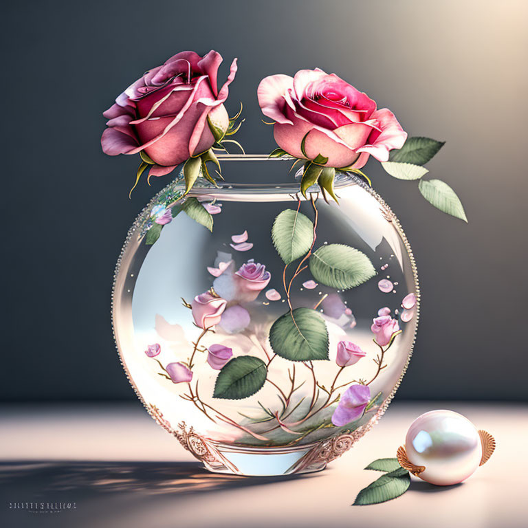 Digital Illustration of Glass Vase with Pink Roses and Pearl