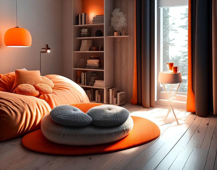 Cozy Reading Nook with Orange Beanbag & Snowy View