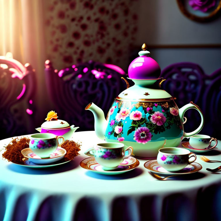 Colorful Floral Tea Set on Table with Teapot, Cups, Saucers & Elaborate