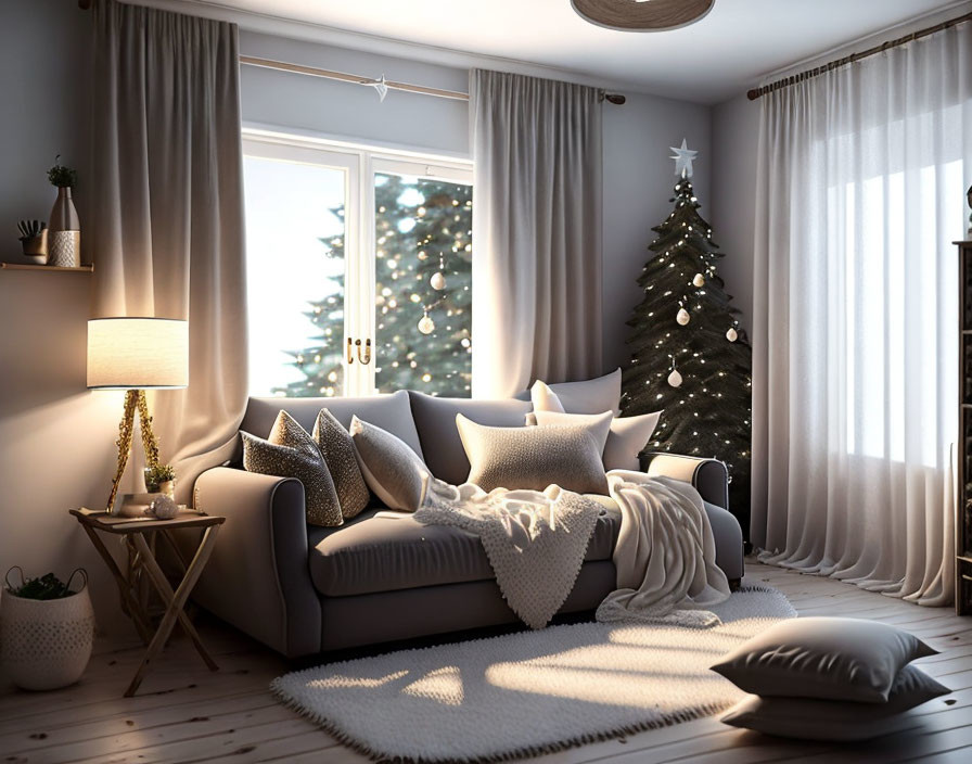 Festive Christmas living room with tree, sofa, cushions & soft lighting