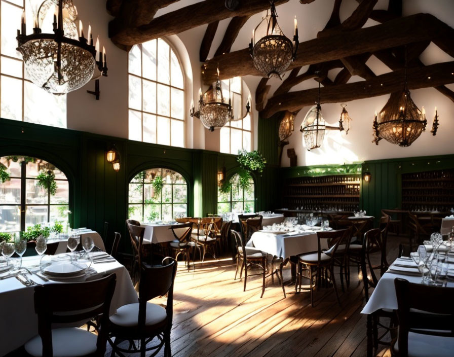 Rustic dining room with wooden beams, chandeliers, and green paneling