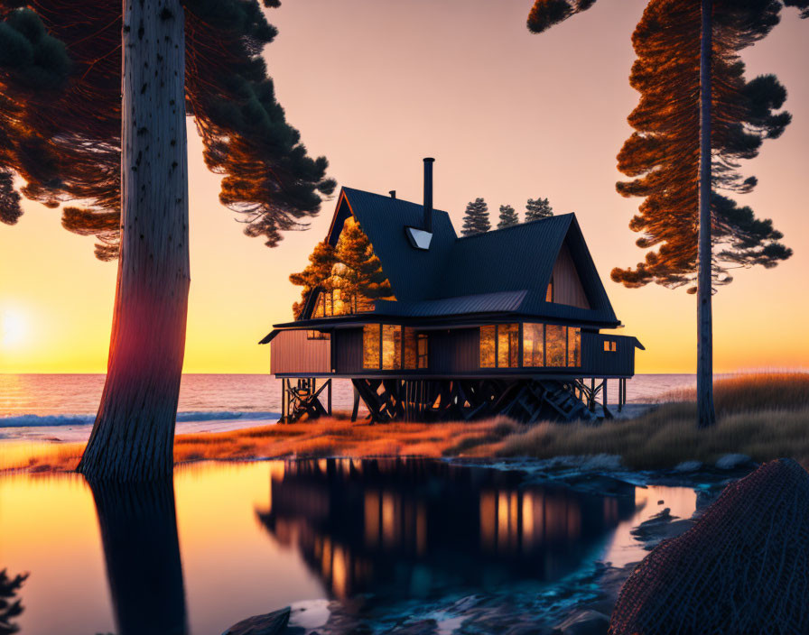 A-frame House on Stilts by Calm Beach at Sunset