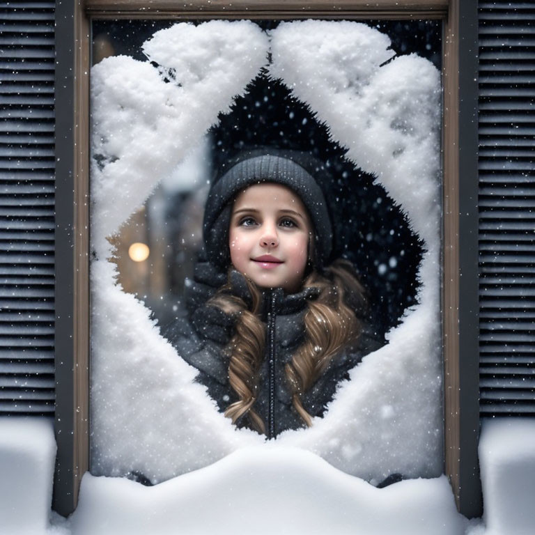 Young girl looking out snow-framed window with falling snowflakes