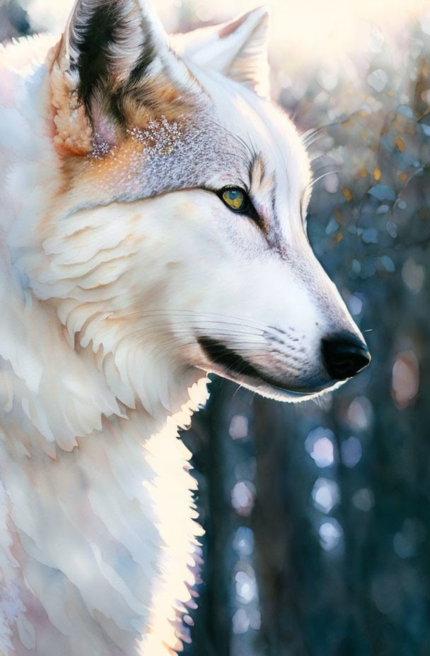 White wolf with brown fur, yellow eyes, and snowflakes in forest setting