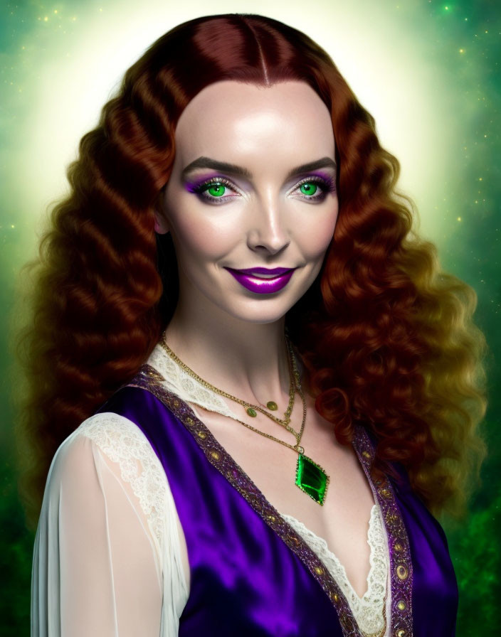 Stylized portrait of a woman with green eyes, purple lips, auburn hair, purple