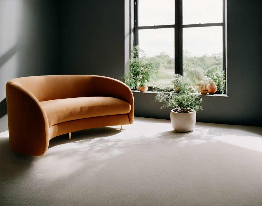 Contemporary Room with Orange Curved Sofa, Large Window, and Potted Plants