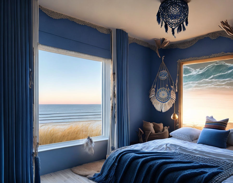 Blue-themed cozy bedroom with beach view, dreamcatchers, and wave painting