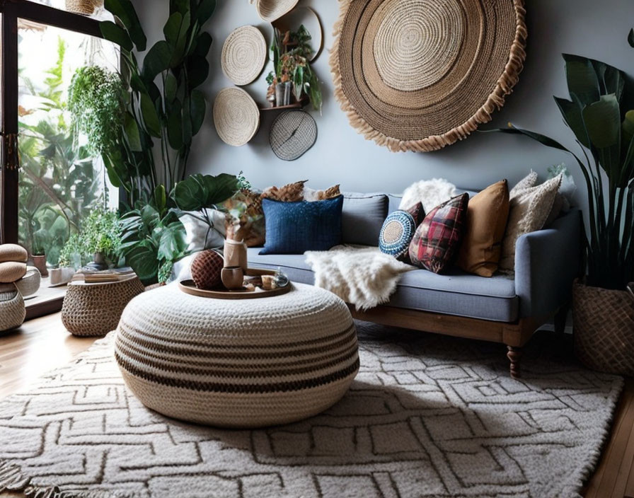 Inviting living room with grey sofa, knitted ottoman, wall baskets, and houseplants