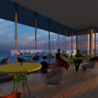 Luxurious Cruise Ship Dining Room with Sunset Ocean View