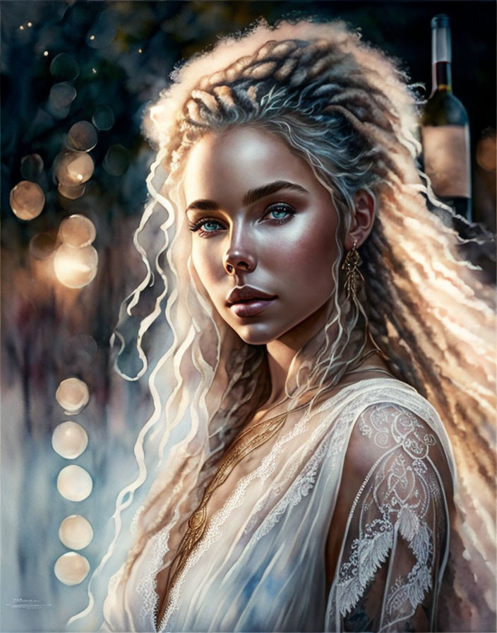 Blonde dreadlocked woman in lace gown with blue eyes against bokeh lights