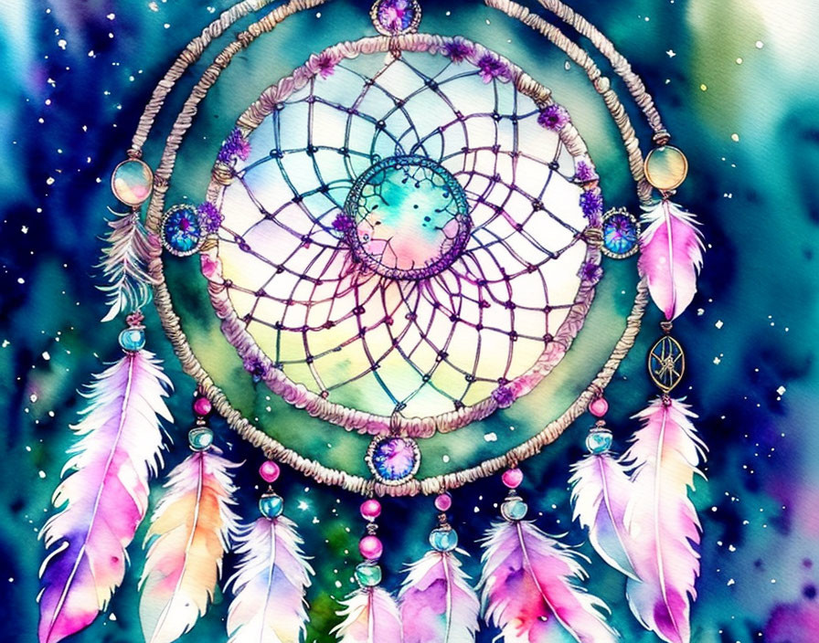 Vibrant Dreamcatcher Illustration with Beads and Feathers under Starry Sky