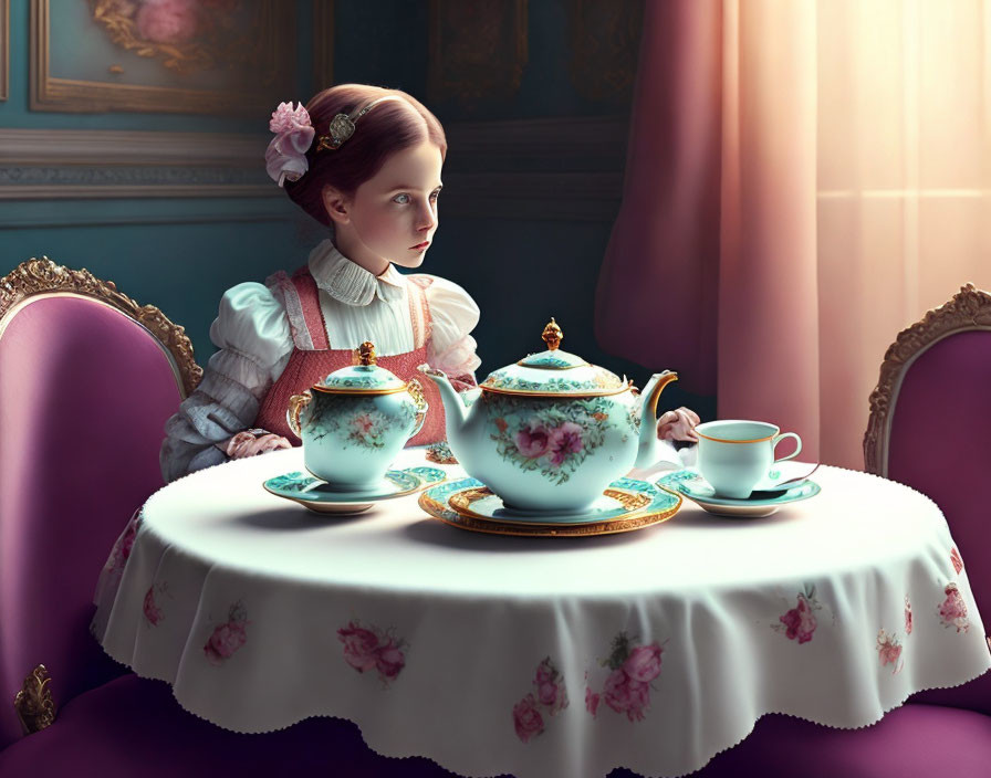 Young girl in vintage dress at table with floral tea set in warm light