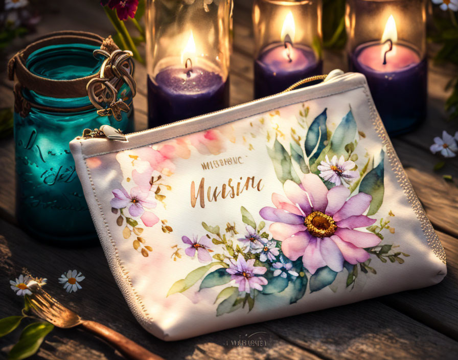 Floral-patterned purse with candles, mason jar, and flowers on wooden surface