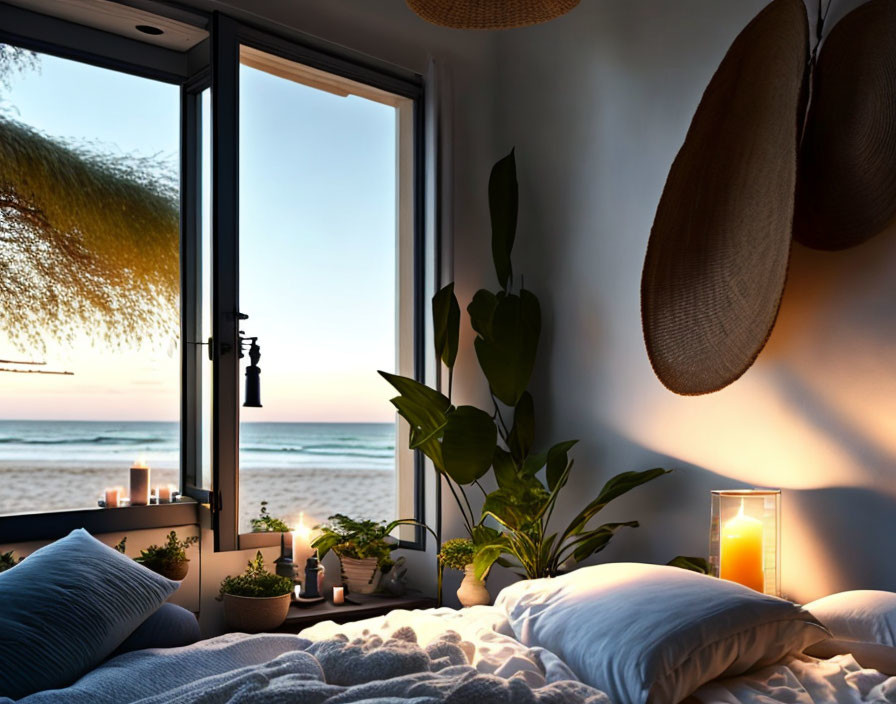 Sunset beach view bedroom with plants, candles, and hat décor