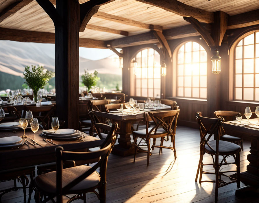 Rustic dining hall with wooden tables, ambient lighting, large windows, and mountain view