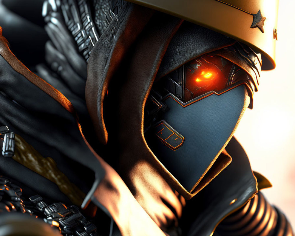 Detailed digital artwork: Futuristic warrior in glowing red eye helmet, intricate armor.