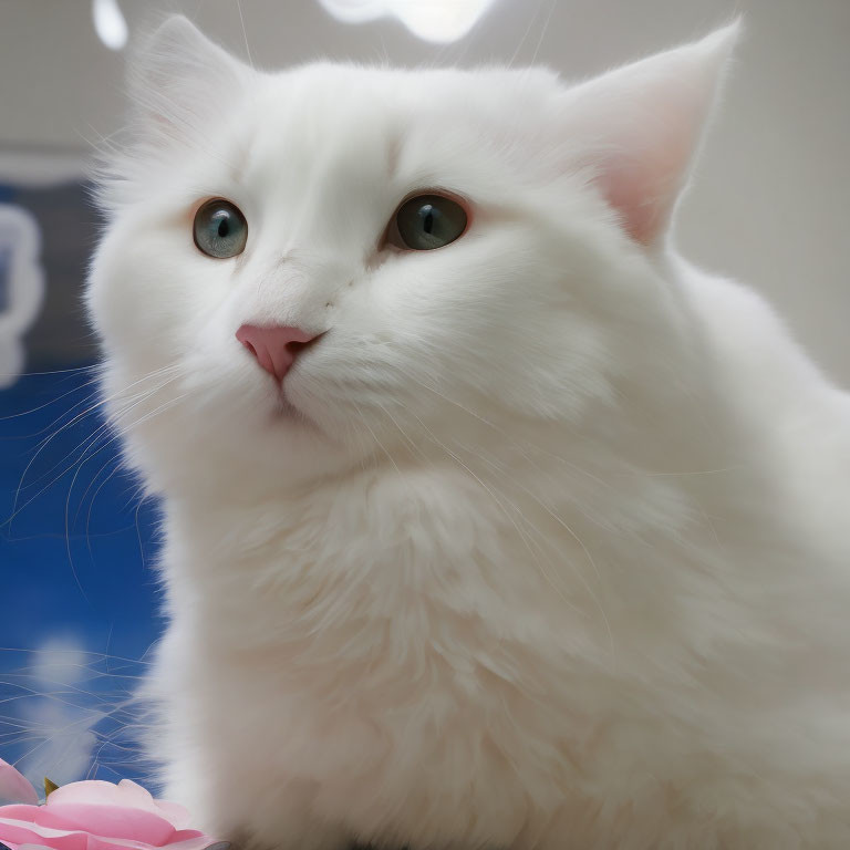 White Fluffy Cat with Blue Eyes and Pink Nose Next to Pink Flower