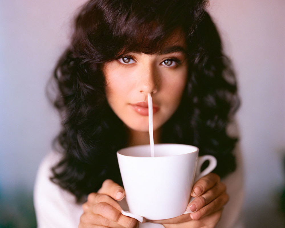 Curly-haired woman holding white cup with milk splash.