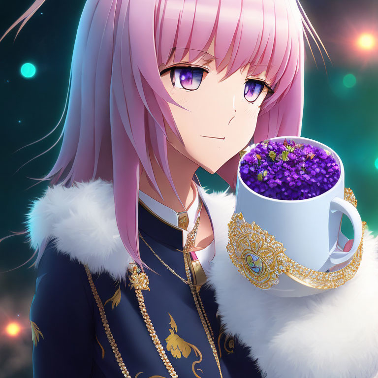 Anime character with pink hair and purple eyes holding a floral cup in blue and gold attire.