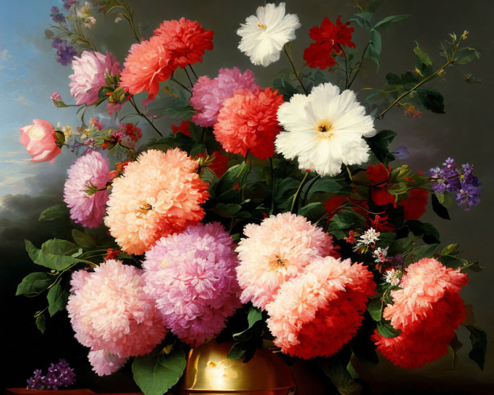 Colorful painting of blooming peonies in pink, red, and white with purple flowers,