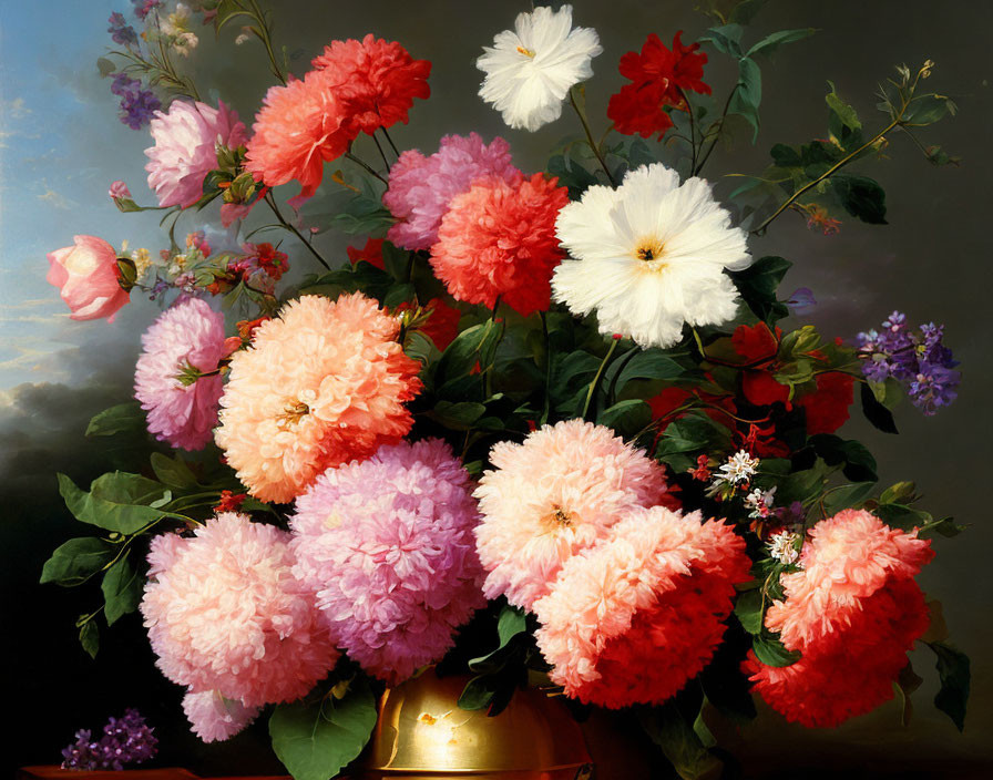 Colorful painting of blooming peonies in pink, red, and white with purple flowers,