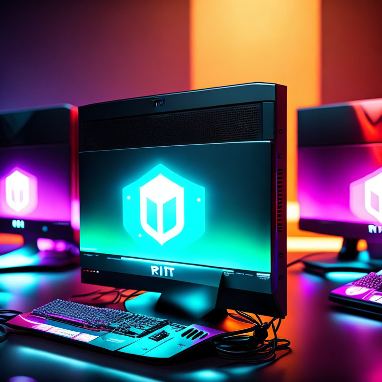 Gaming PCs with RGB Lighting and Matching Shields in Colorful Room