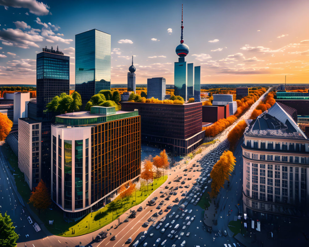 Modern cityscape with skyscrapers, sphere tower, autumn streets, and sunset sky