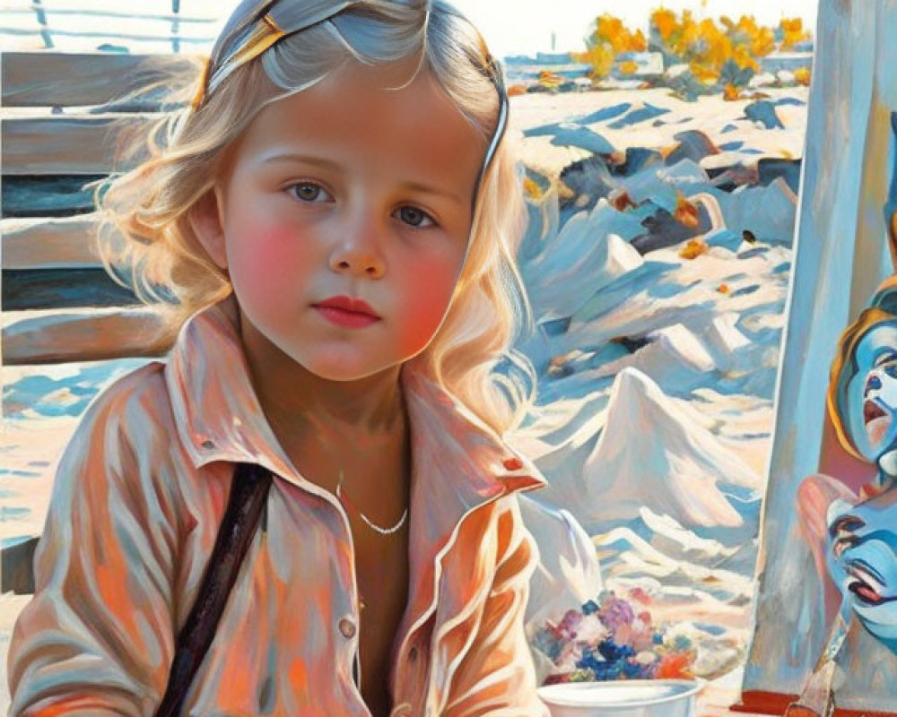 Blond-Haired Child Painting on Beach Canvas