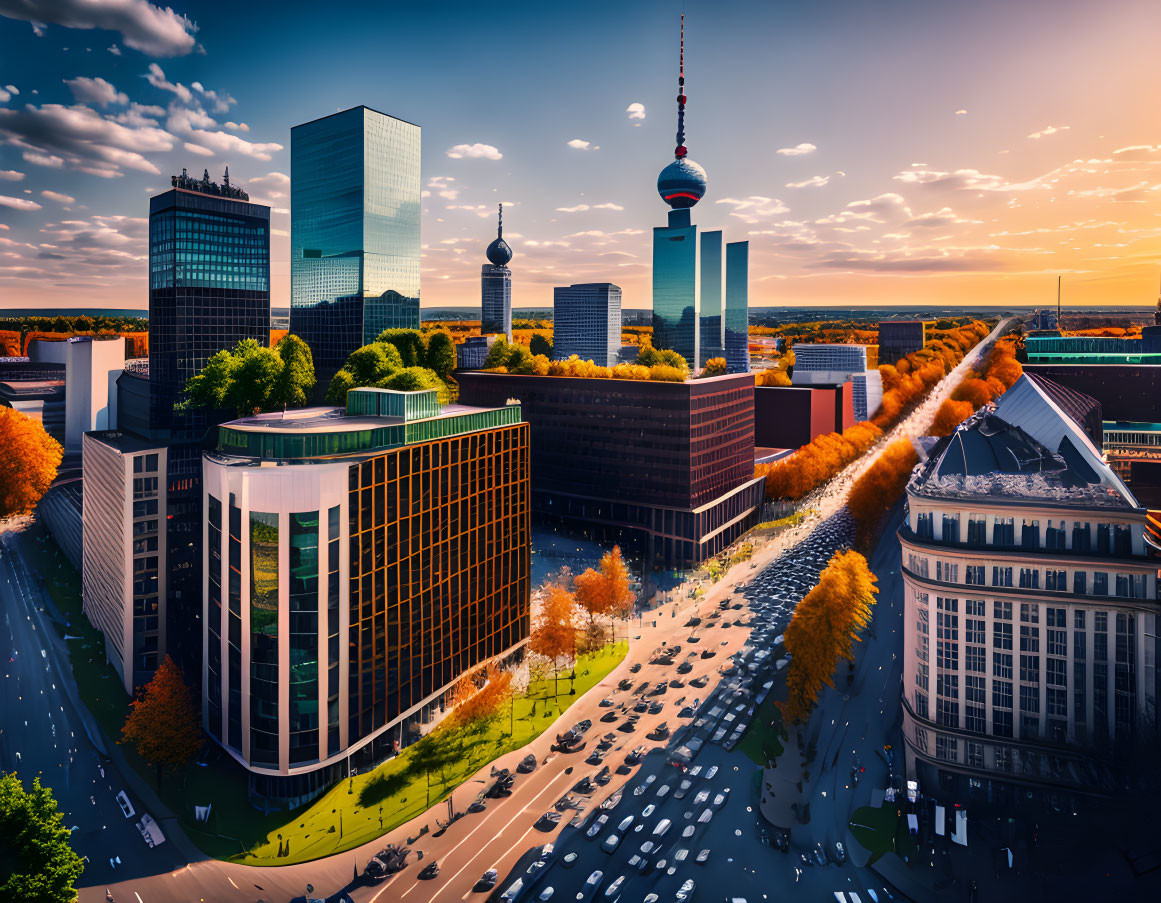 Modern cityscape with skyscrapers, sphere tower, autumn streets, and sunset sky