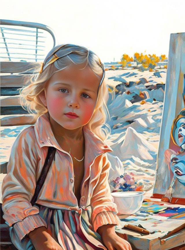 Blond-Haired Child Painting on Beach Canvas