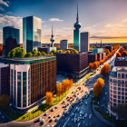 Modern cityscape with skyscrapers, sphere tower, autumn streets, and sunset sky