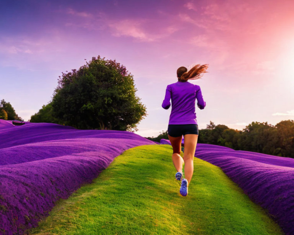 Woman jogging in vibrant lavender fields at sunrise