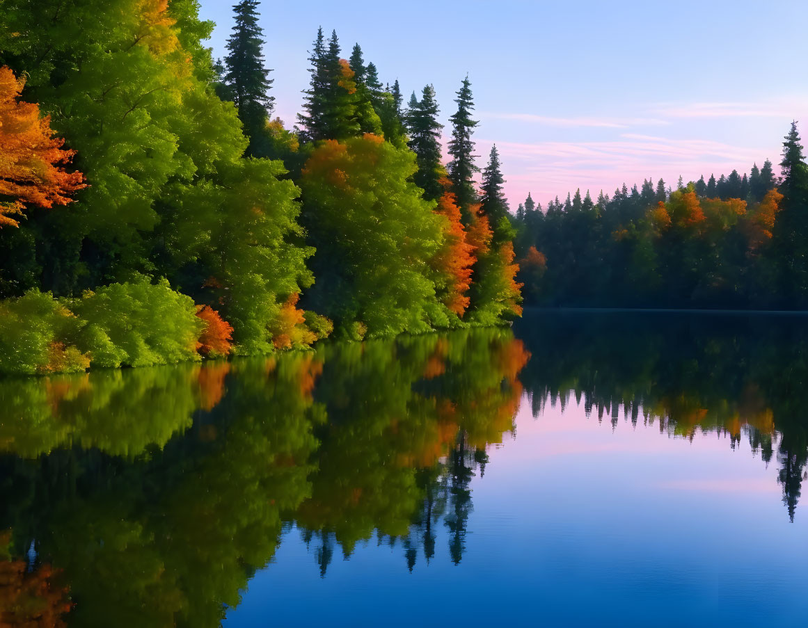 Tranquil lake mirrors vibrant autumn trees and clear sky