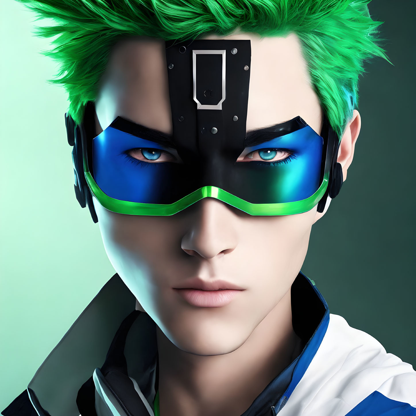 Vibrant green hair and blue eyes digital illustration with futuristic visor.