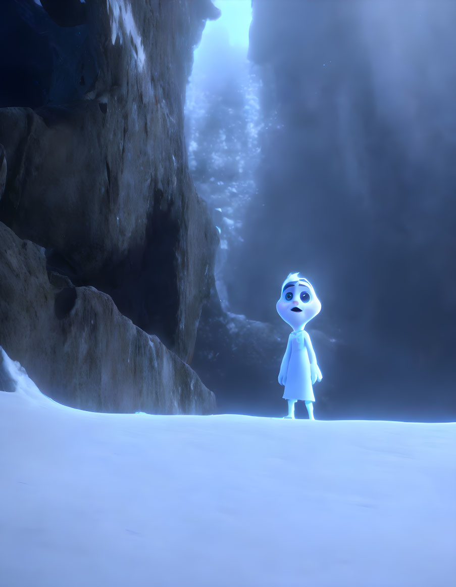 Snowy canyon animated character gazes at glowing light between cliffs