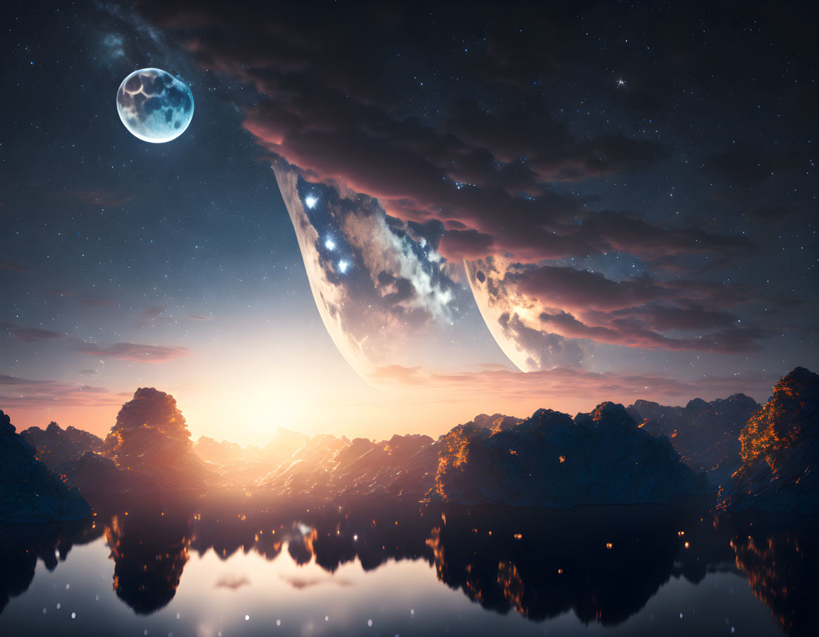 Surreal landscape: large moon, fragments, serene lake, rocky shores, starlit sky