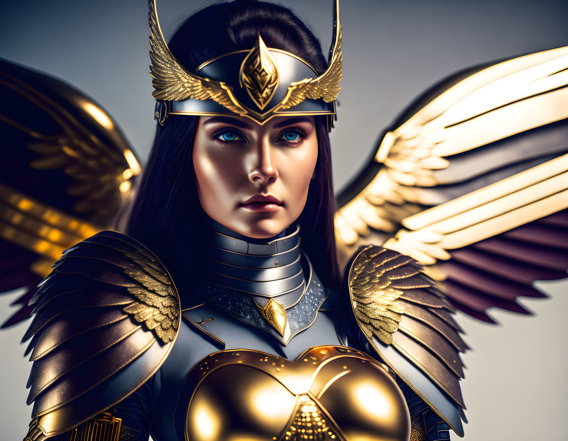 Digital artwork of a woman in golden armor with wings and detailed helmet.