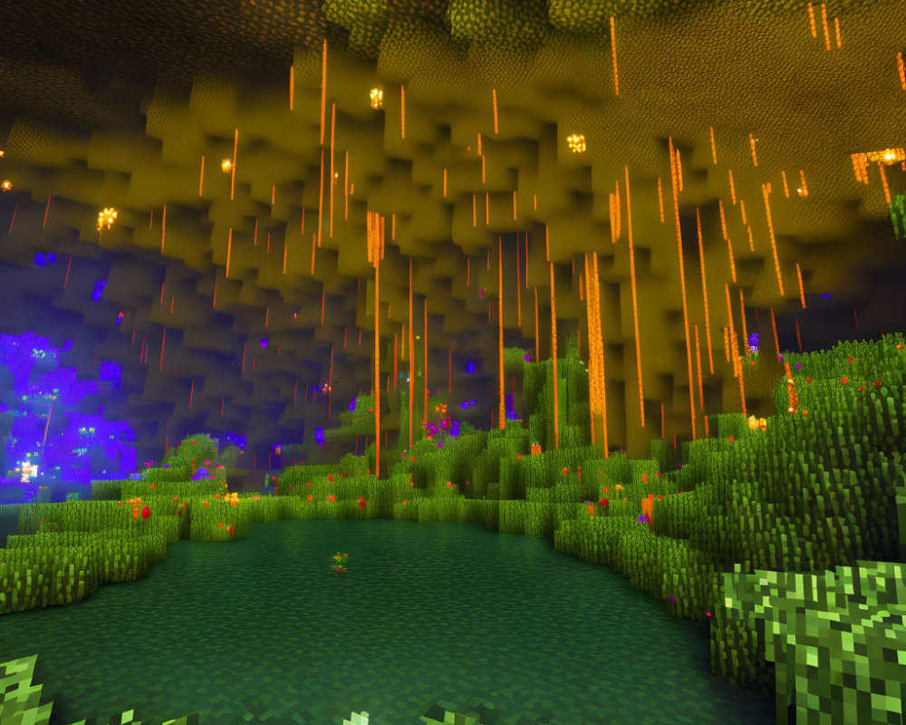 Colorful underground Minecraft cave with lush flora, stalactites, and glowing minerals