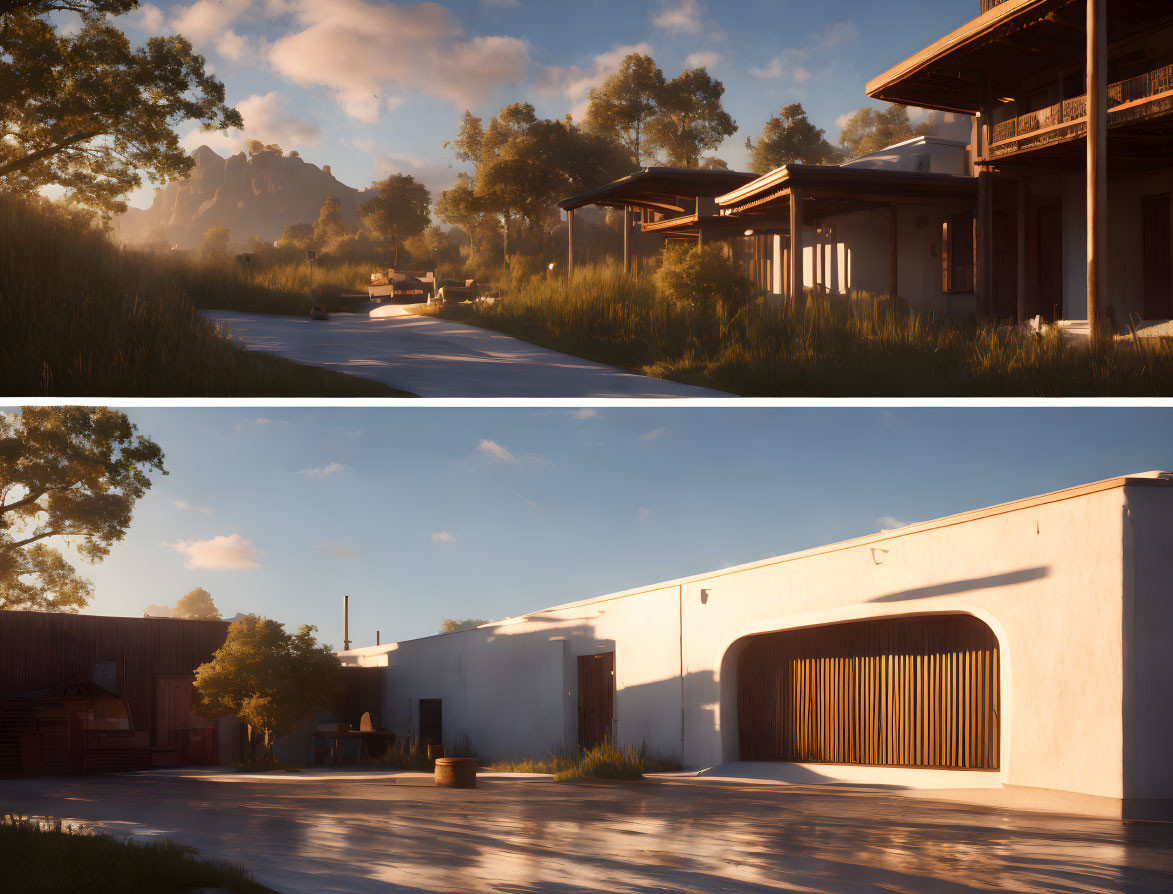 Contrasting house exteriors at sunrise: traditional wooden home vs. modern minimalist design