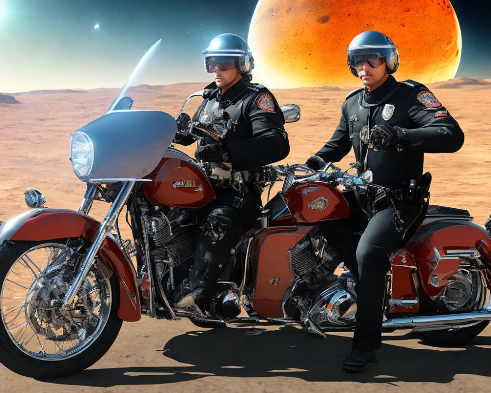 Vintage motorcycles patrol desert planet with large sky planet