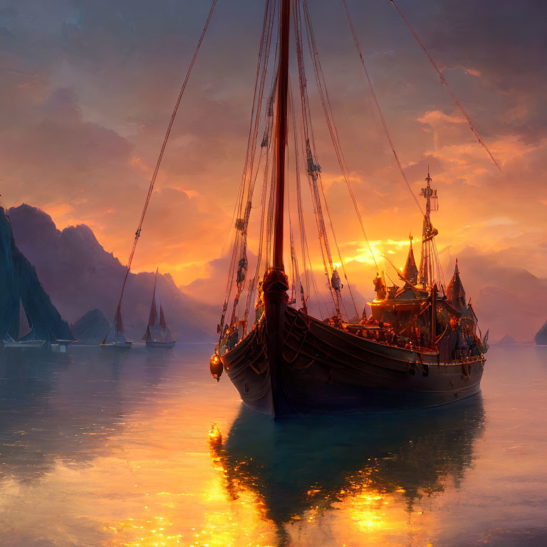 Sailing ship and boats at sea during sunset with mountains in background