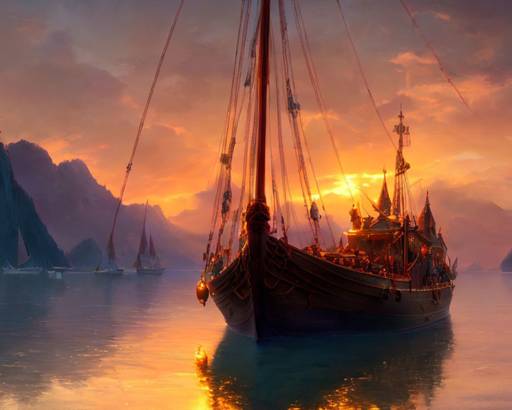 Sailing ship and boats at sea during sunset with mountains in background