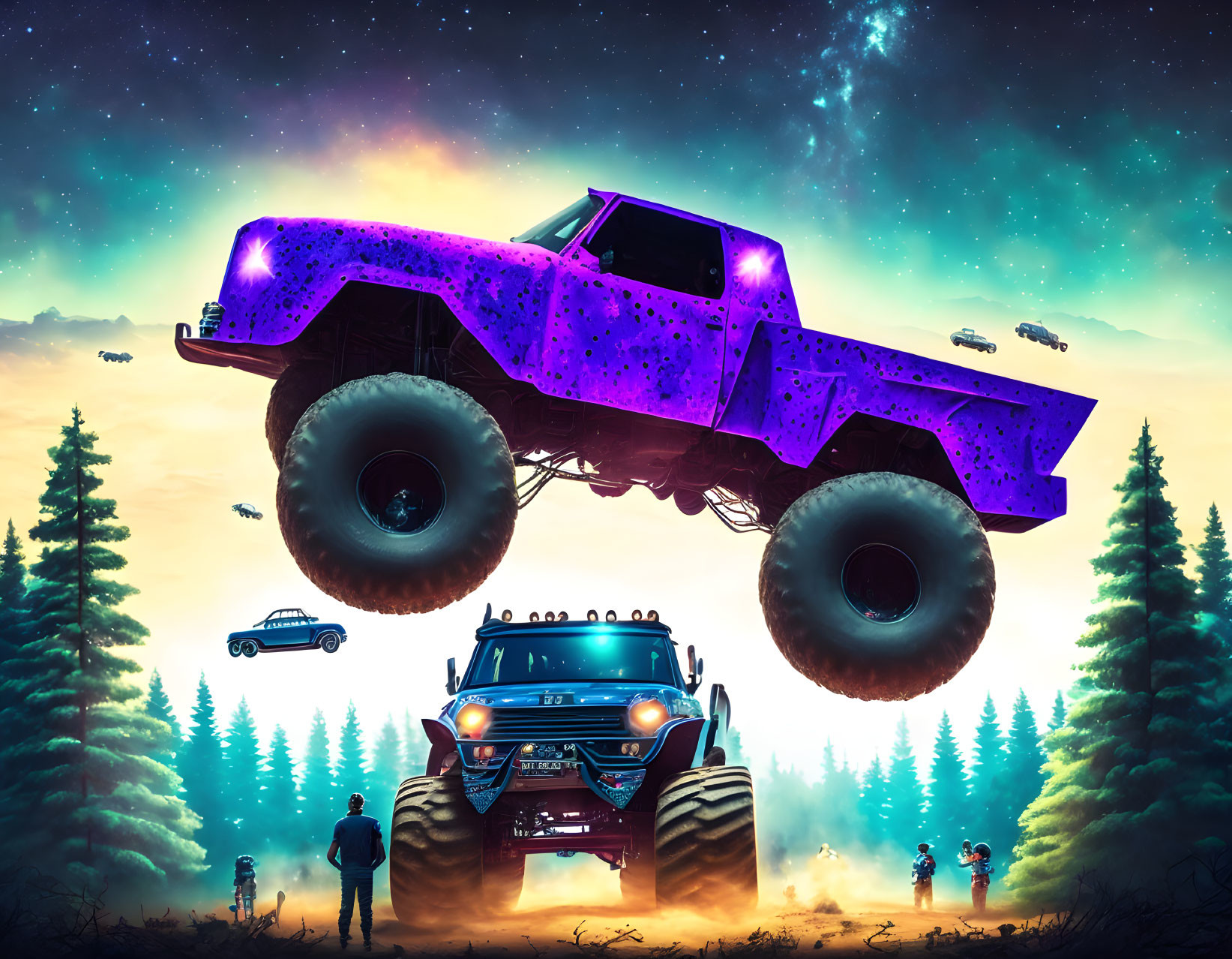 Giant purple monster truck flying over smaller red one in surreal scene