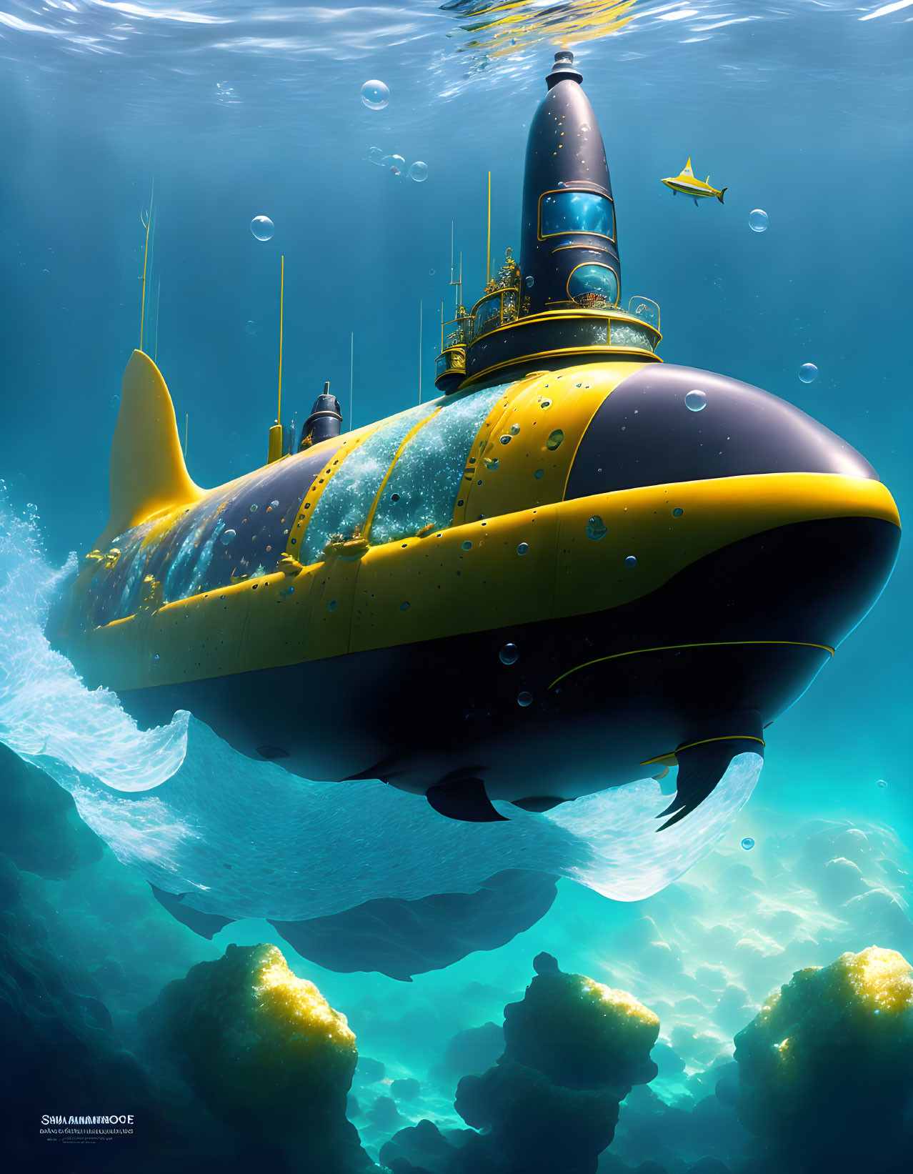 Yellow and Black Fish-Shaped Submarine with Robotic Fish Underwater